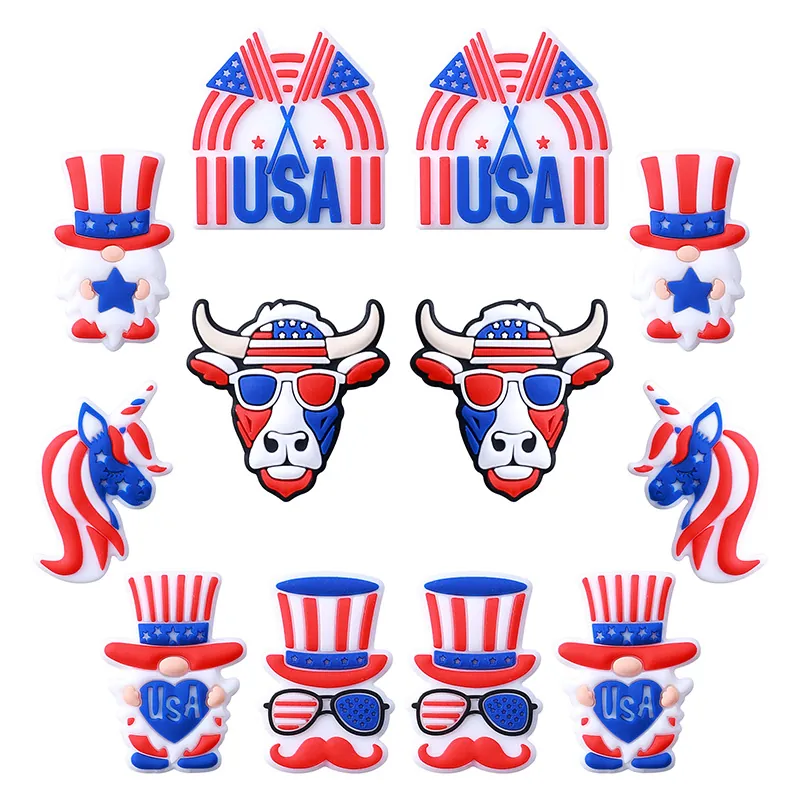 Perles en Silicone DIY Patriotiques de la Fête de l'Indépendance Drapeau USA Gnome Taureau Licorne Breloques en Silicone Alimentaire pour Chaussures Stylos