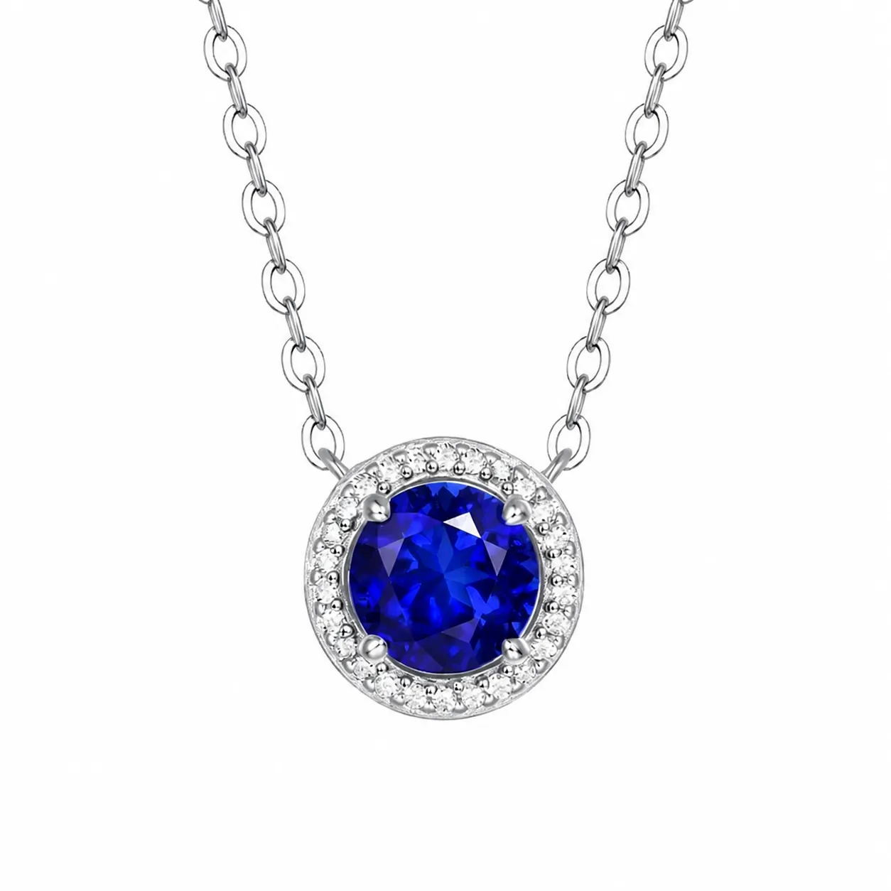 S925 Sterling Silver Angel Blue Sapphire Color Zirconia Halo Necklace Round Gemstone Pendant Elegant Jewelry For Women