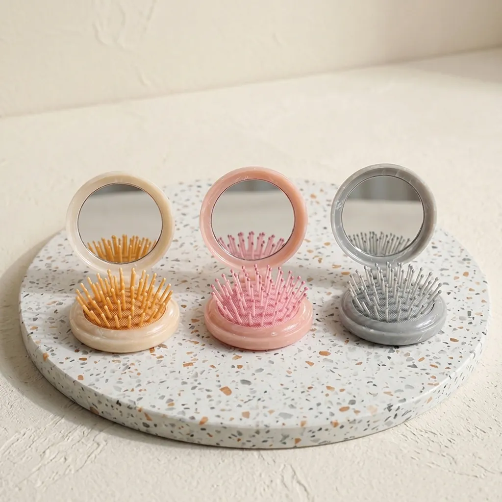 Marble Pattern Foldable Hair Comb With Mirror Portable Massage Air Cushion Detangling Pocket Brush Travel Accessories