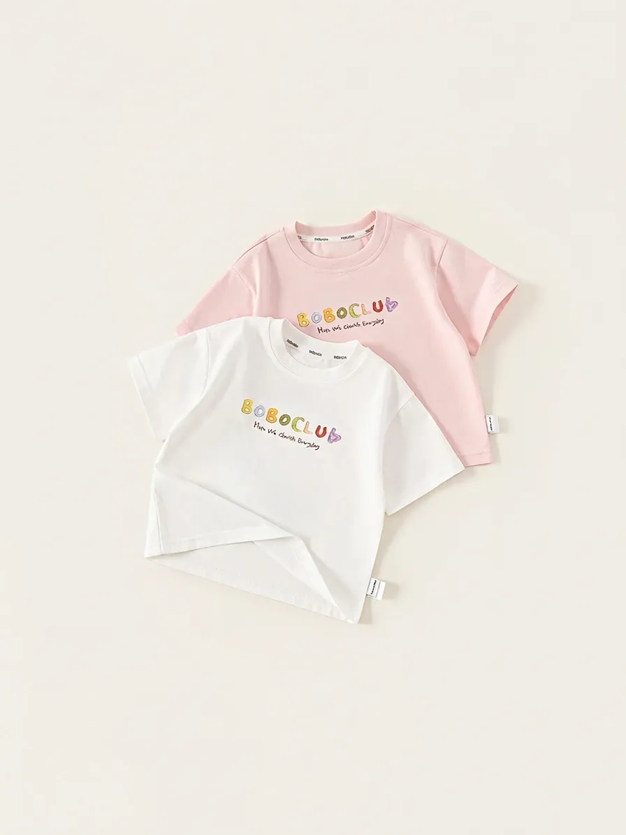 Kinder Jungen Mädchen Baumwollmischung Kurzarm T-Shirt Bunte Cartoon Buchstabe Drucken Sommer Lässige Rundhals Tops