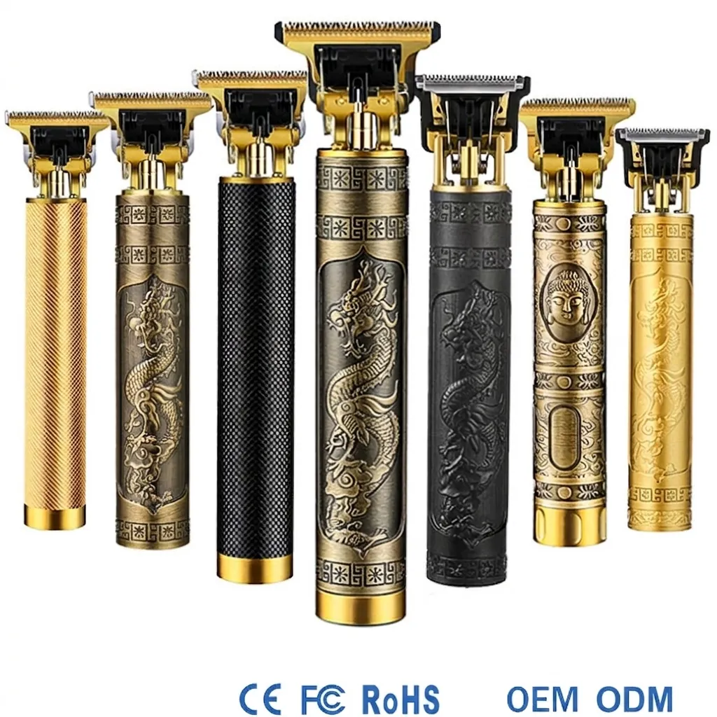 Electric Hair Clipper Metal Body T-Blade Trimmer USB Rechargeable Cordless Men Grooming Vintage Dragon Buddha Carving