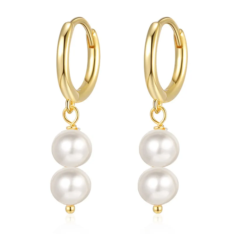Boucles d'Oreilles Créoles en Argent Sterling 925 avec Double Künstliche Perle pour Femme Petites Créoles Dorées et Argentées Élégantes