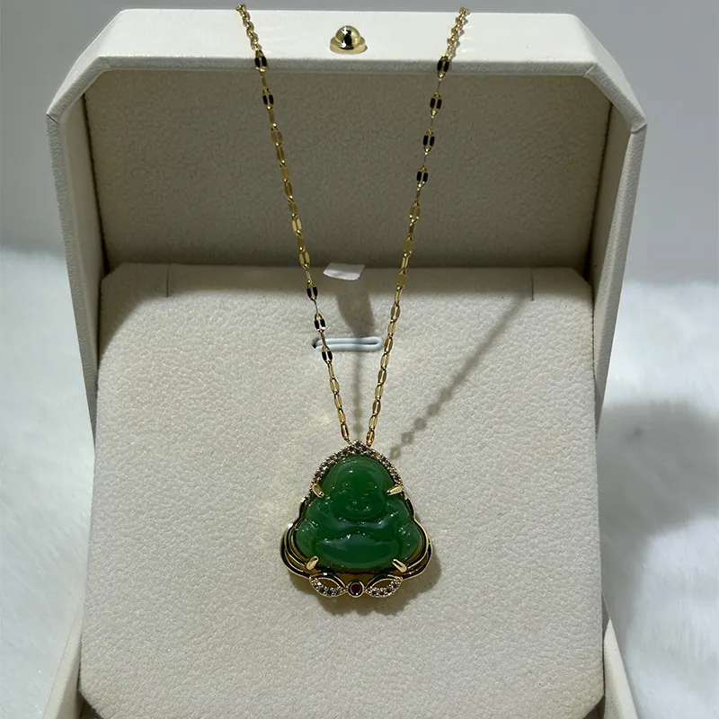 Maitreya Buddha Pendant Necklace 18K Gold Plated Copper Faux Chalcedony Zircon Stainless Steel Chain Lucky Jewelry For Women