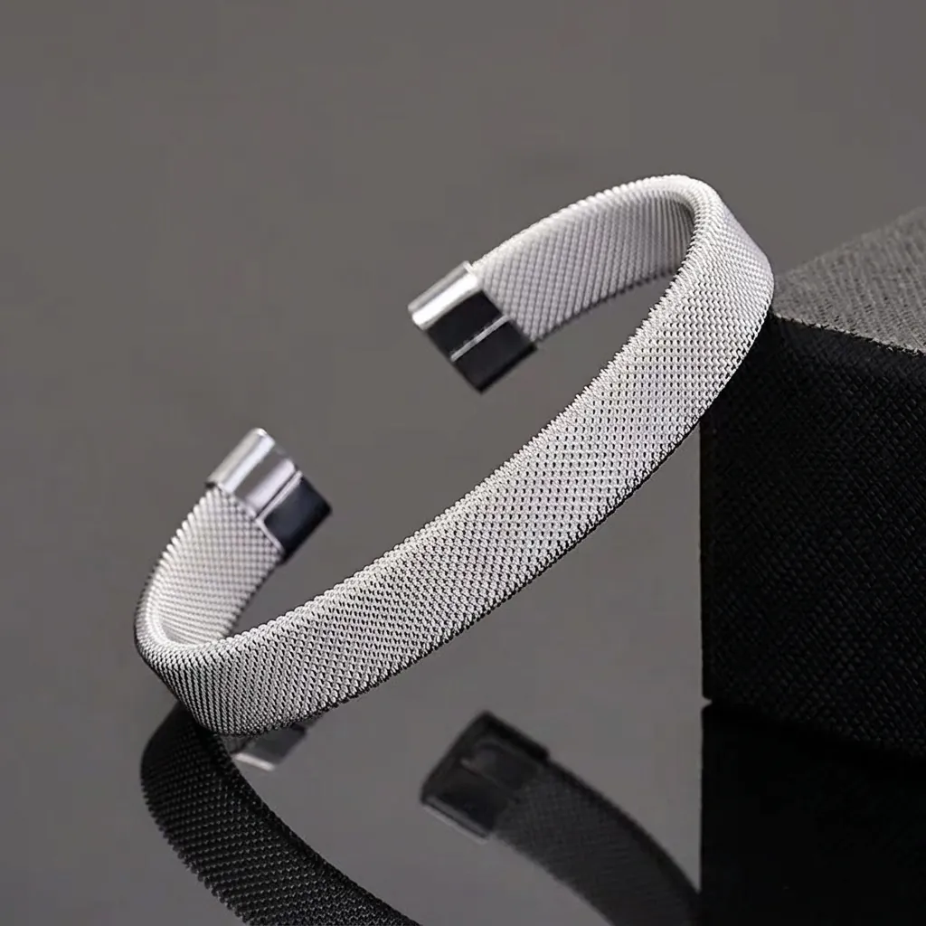 Mesh Cuff Bracelet Stainless Steel Woven C-Shaped Open Minimalist Bangle Jewelry For Women