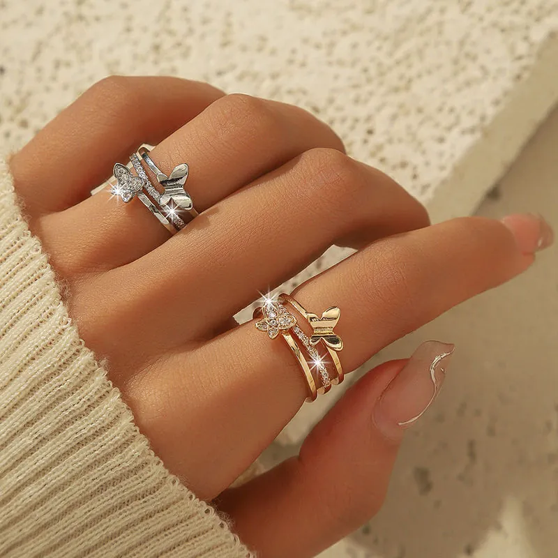 Exquisite Butterfly Multi-layer Ring Copper Zirconia Inlaid Electroplated Stackable Finger Ring For Women Party Daily Jewelry