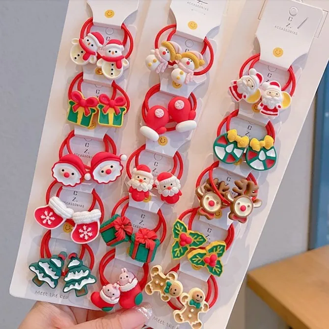 Red Christmas Hair Ties Hair Clips Resin Cartoon Santa Snowman Reindeer Pattern Holiday Hair Accessories For Girls Women