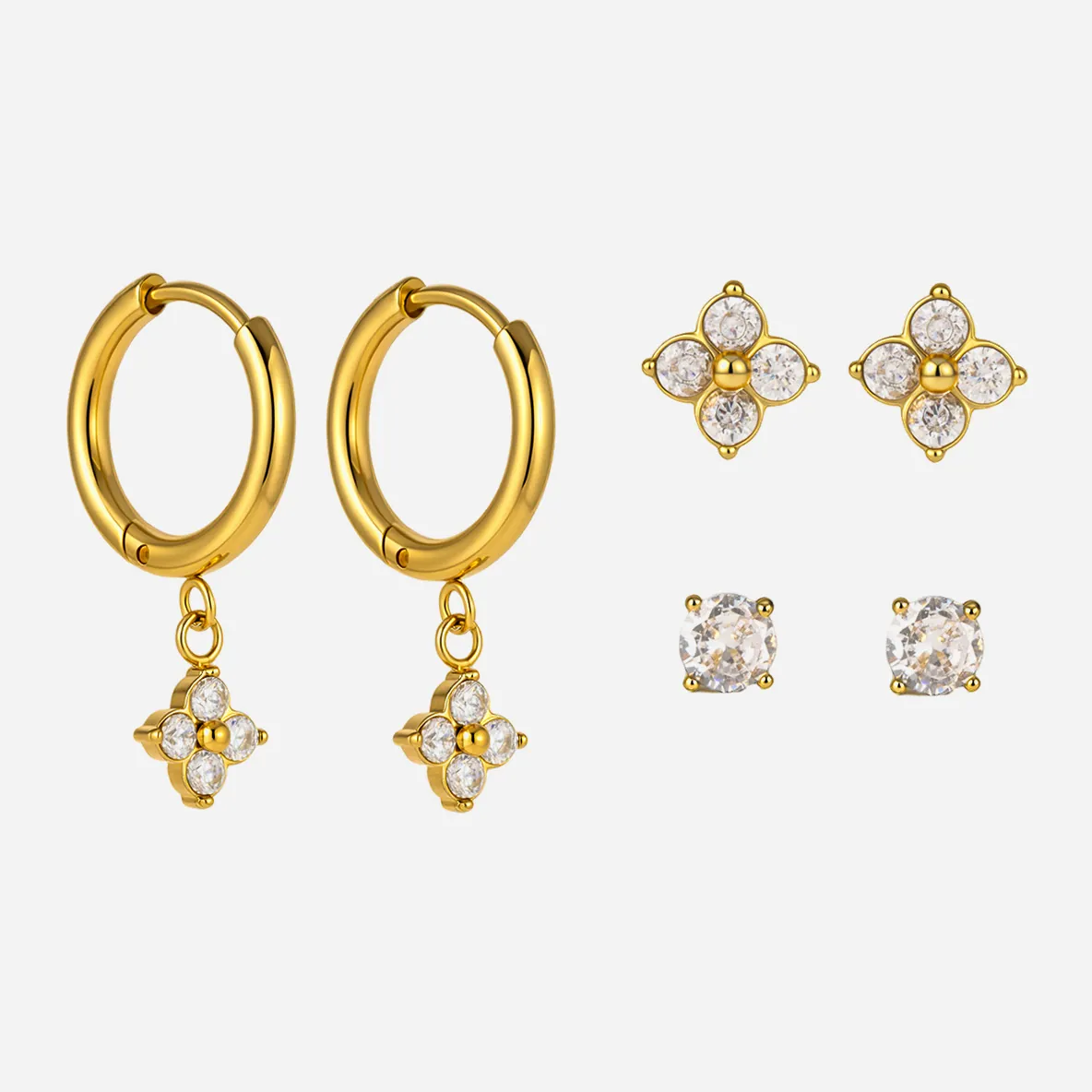 Stainless Steel 18K Gold Plated Zirconia Four Leaf Clover Hoop And Stud Earrings Elegant Fashion Jewelry Accessory For Women Gift