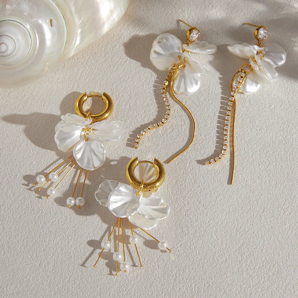 Mode Roestvrij Staal Bloemblaadje Kwastje Oorbellen Voor Vrouwen Verguld Acryl Bloem Kunstparel Strass Hanger Sieraden Vakantie