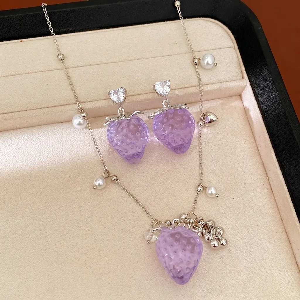 Collier Perles Artificielles Fraise en Résine et Boucles d'Oreilles Clous Strass Coeur Bijoux Mode Violet pour Femmes