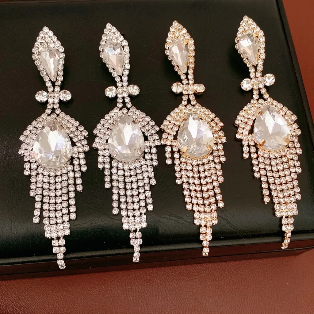 Élégantes Boucles d'Oreilles Gland en Cuivre Strass Goutte d'Eau pour Femmes Luxe Style Palais Tige en Argent Bijoux de Mariage