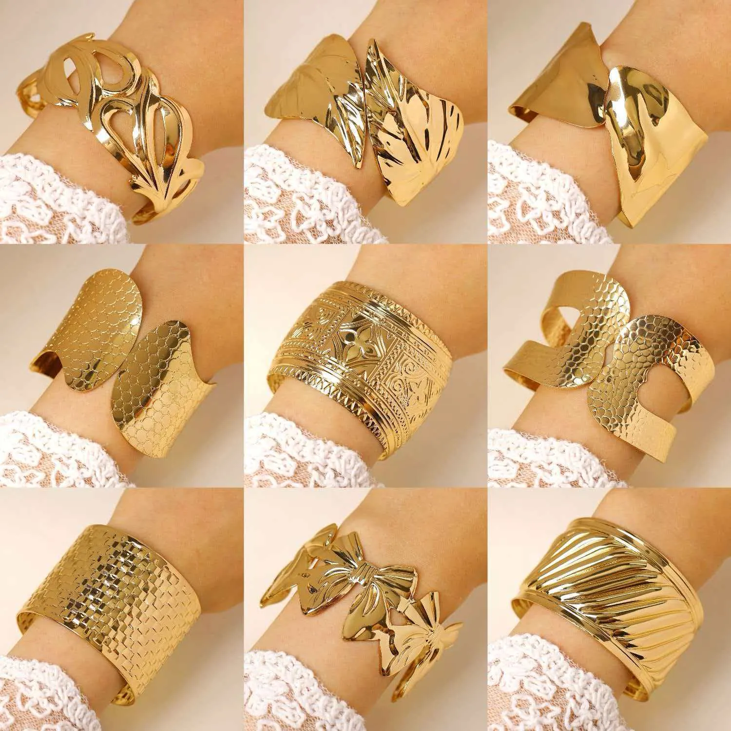Wide Cuff Bangle Stainless Steel Gold Plated Woven Texture Statement Bracelet For Women Fashion Jewelry