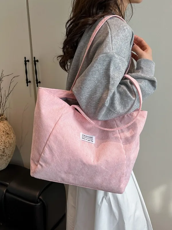 Women Retro Corduroy Large Capacity Tote Bag Solid Color Vintage Shoulder Bag With Fashion Letter Label Zipper Handheld Handbag