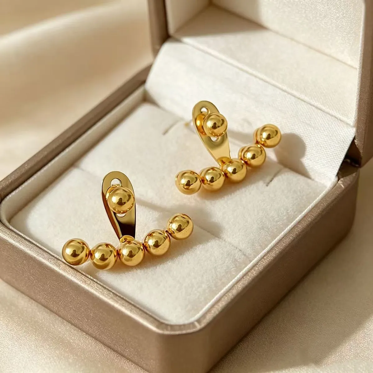 Stainless Steel Gold Plated Stud Earrings Minimalist Polished Beads Arc Curved Geometric Design Women Fashion
