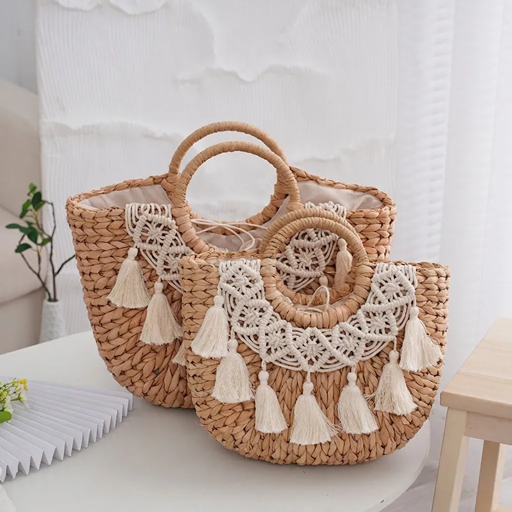 Women Handmade Woven Straw Handbags Bohemian Beach Bag Cotton Tassels Macrame Lace Large Capacity Tote Vacation Purse