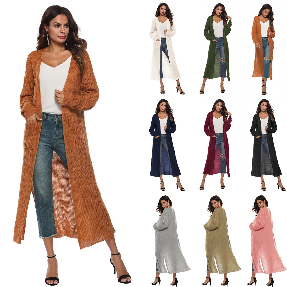 Women Long Mohair Knit Cardigan Open Front Long Sleeve Sweater With Pockets Side Slits Loose Casual Autumn Knitwear Coat