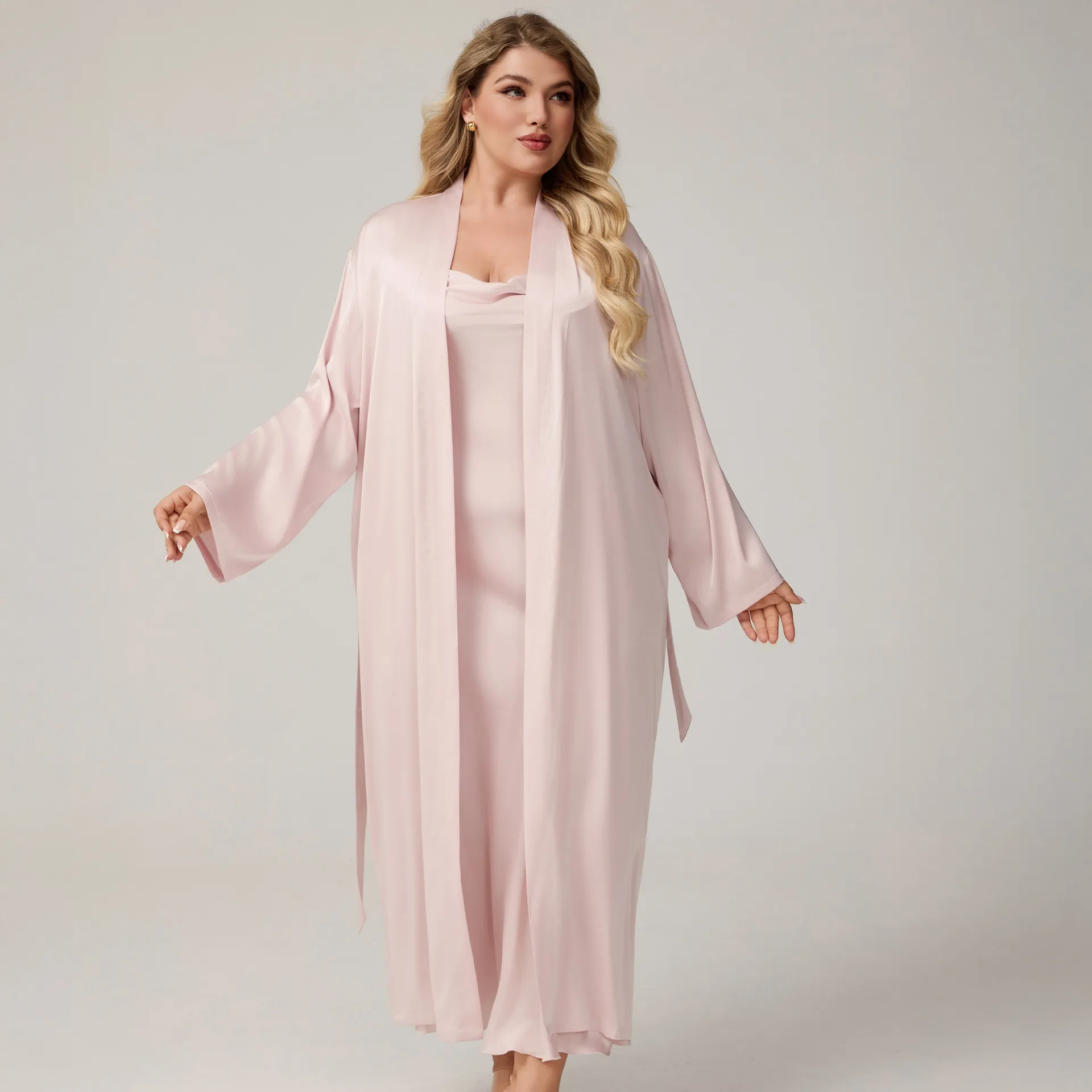 Vestaglia E Camicia Da Notte In Raso Da Donna Taglie Forti Sexy Scollo A V Manica Lunga Loungewear Tinta Unita Elegante