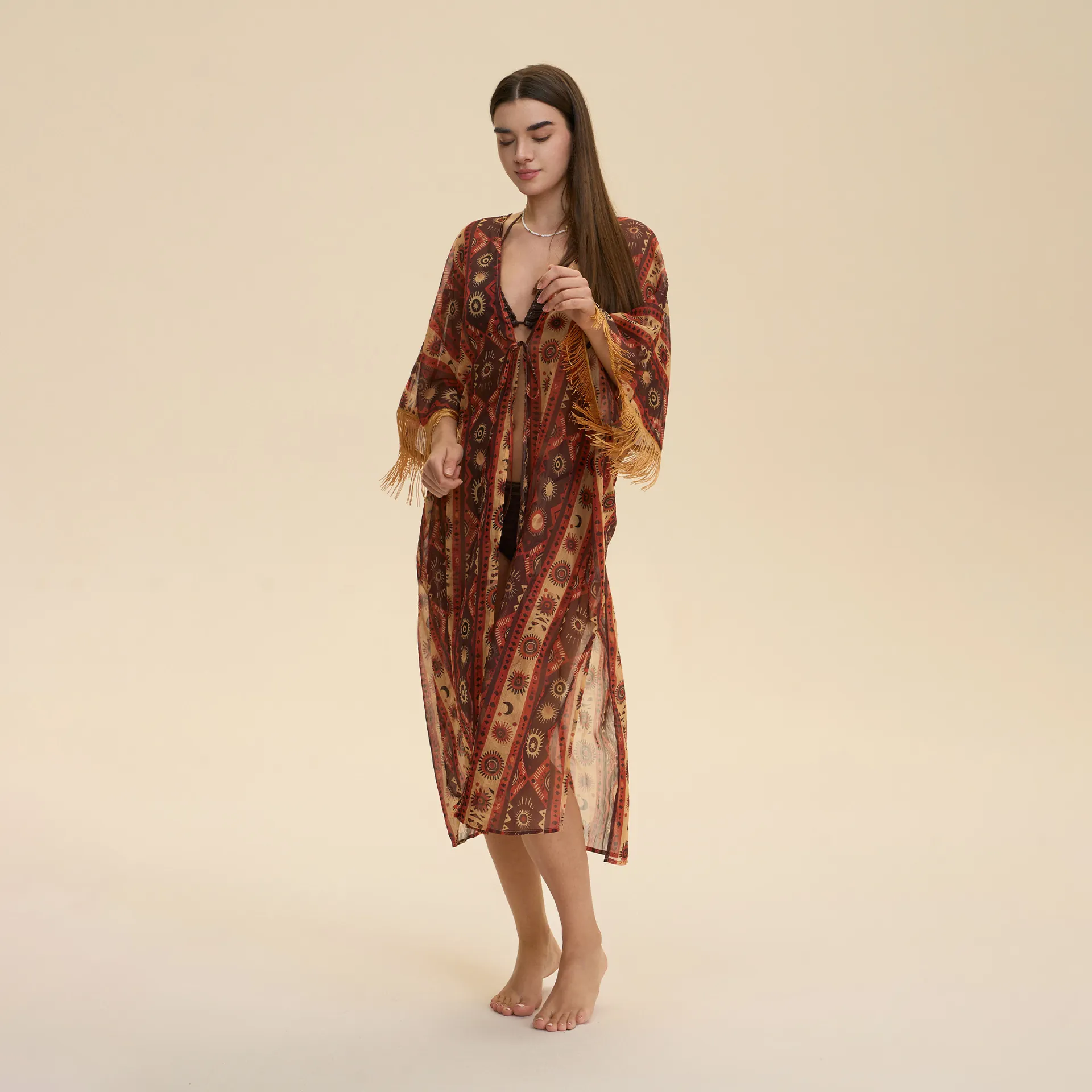 Cubre Traje de Baño de Playa de Gasa Bohemio para Mujer Cárdigan Largo de Kimono Con Borlas Estampado Étnico Protección Solar