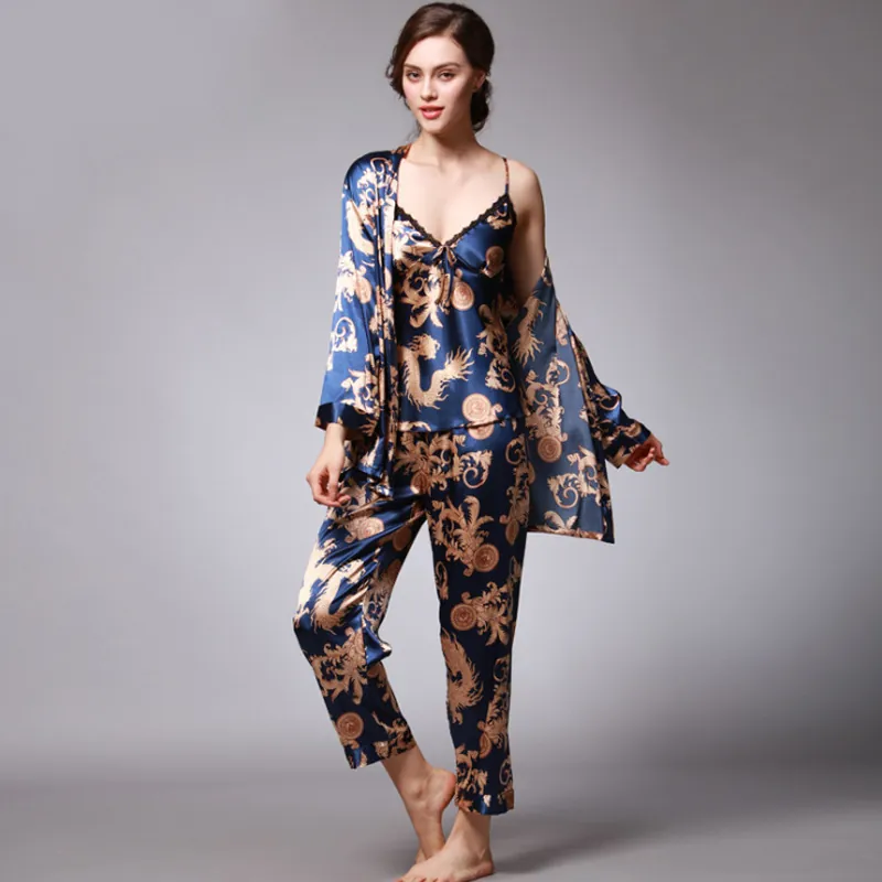 Conjunto de Pijama de Satén de Lujo para Mujer Estampado de Dragón Ropa de Descanso de Tres Piezas Con Bata Larga Y Pantalones