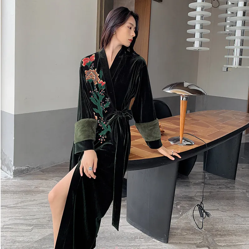 Women's Velvet Long Robe Floral Embroidery V-Neck Wrap Pajamas Luxury Sleepwear Winter Warm Bathrobe With Fur Cuffs