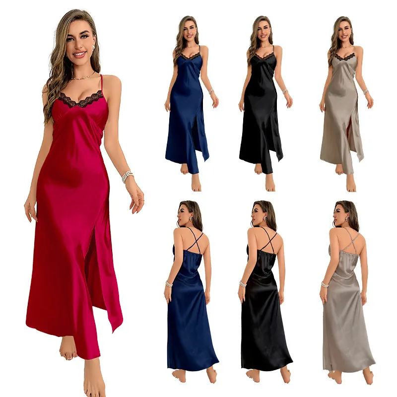Nuisette Sexy en Satin pour Femmes Bordure en Dentelle Col en V Dos Nu Fente Haute Bretelles Réglables Robe de Nuit Longue