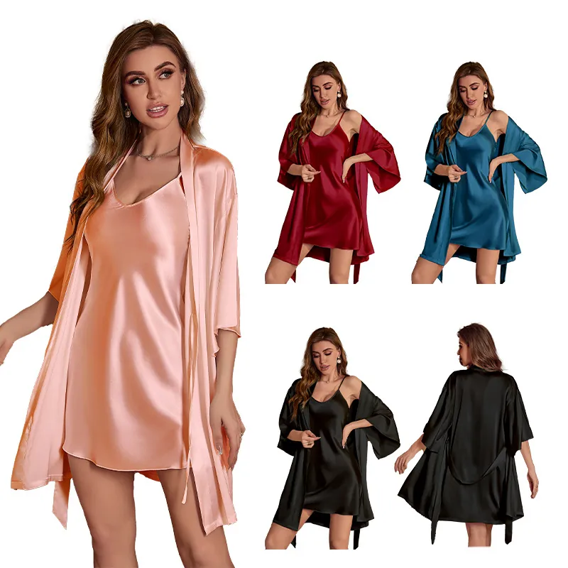 Women Elegant Satin Pajamas Nightdress And Robe Sexy V Neck Silk Like Sleepwear Loungewear Nightgown For Summer Home