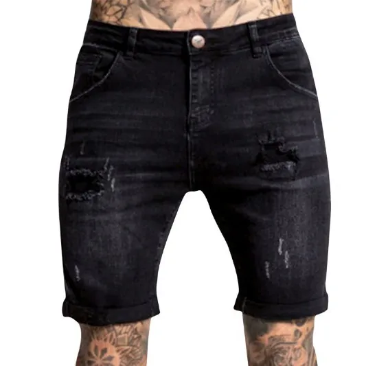 Pantaloncini di Jeans Distressed da Uomo Slim Fit Lavati Strappati in Cotone Estivi Bermuda Streetwear Americano Moda