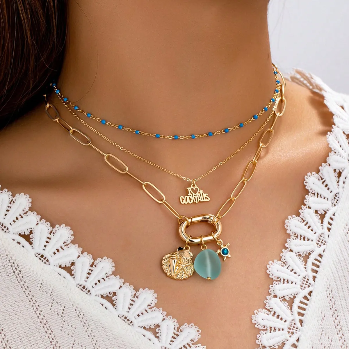 Bohemian Multi-Layer Gold Plated Alloy Necklace Set For Women With Stainless Steel Cocktails Pendant Shell Blue Beads Jewelry