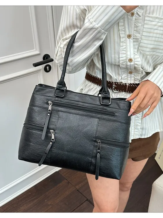 Women Retro PU Leather Tote Bag Multi-Zipper Large Capacity Shoulder Crossbody Handbag Fashion Commuter Solid Bag