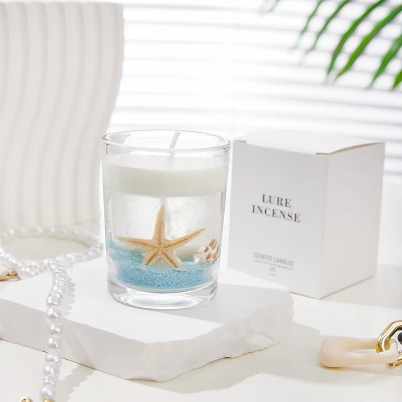 Ocean Theme Scented Candle Jelly Wax Glass Jar Starfish Shell Decor Smokeless Aromatherapy Home Gift