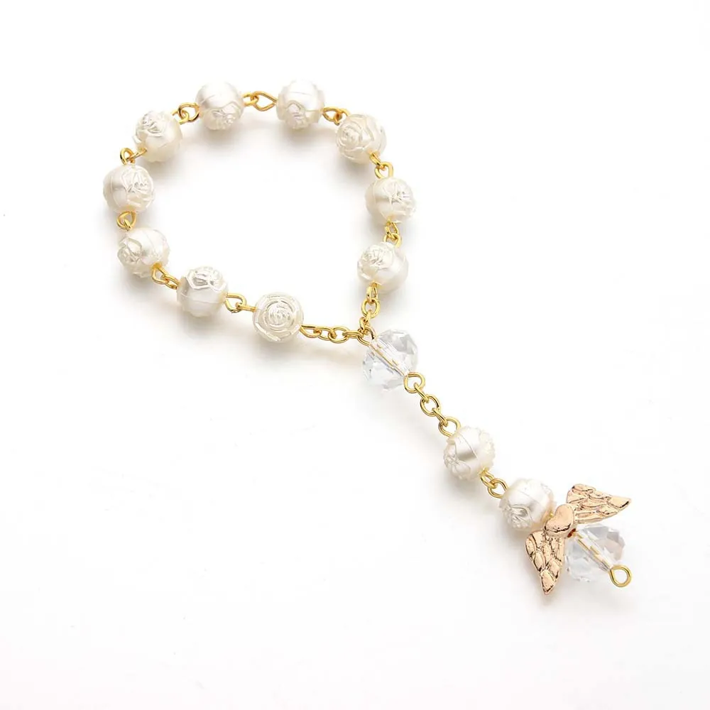 Rosary Bracelet Angel Wing Pendant Rose Shape Imitation Artificial Pearl Crystal Glass Beads Baptism Communion Religious Jewelry