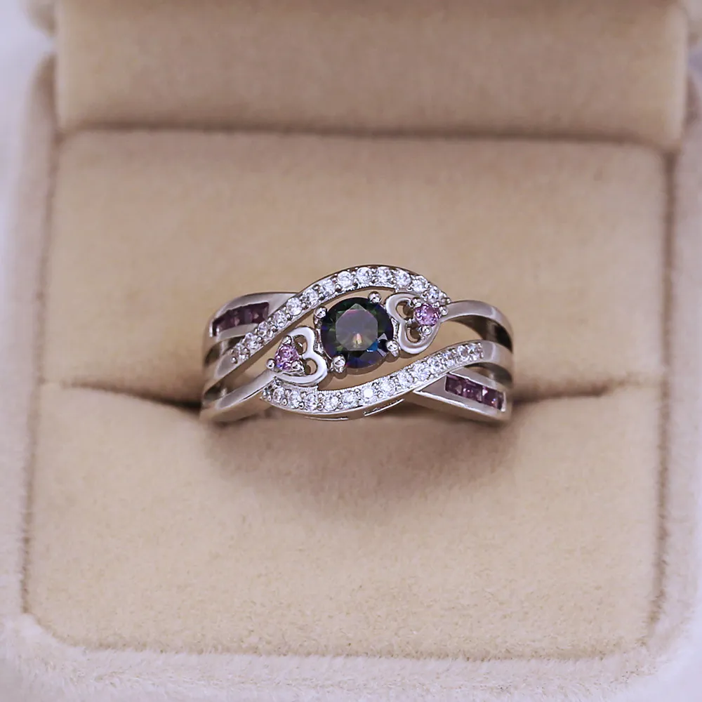 Fashion Women Copper Ring Heart Shaped Multi Color Zirconia Inlaid Silver Plated Finger Jewelry For Party Wedding Gift