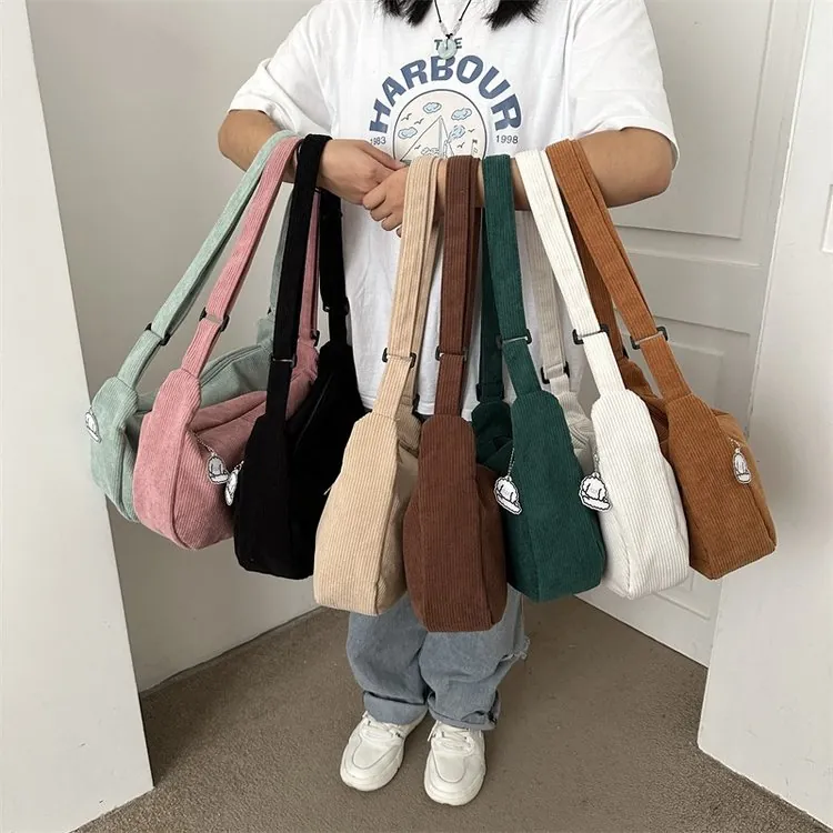 Women Corduroy Crossbody Bag Japanese Style Casual Dumpling Shape Shoulder Bag With Cartoon Puppy Charm Solid Color Daily Zipper Bag