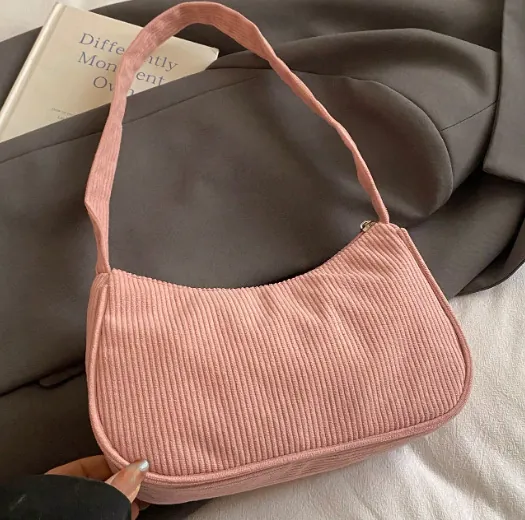 Corduroy Underarm Baguette Bag For Women Retro Solid Color Zipper Small Shoulder Bag Minimalist Casual