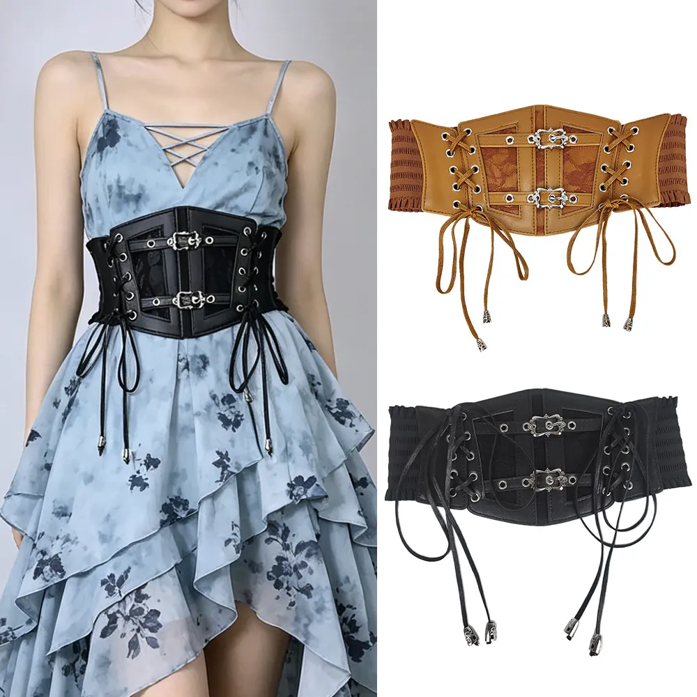 Ceinture Corset À Lacets Rétro Pour Femmes En Cuir PU Élastique Large Gothique Steampunk Décorative