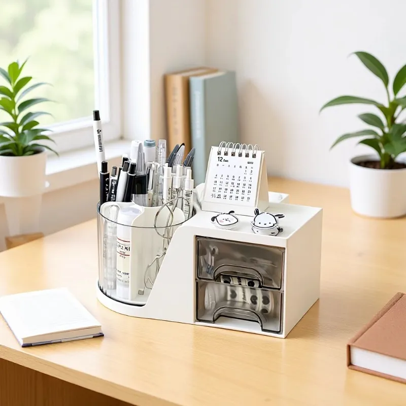 Rotating Pen Holder Desktop Organizer Plastic Stationery Storage Box With Transparent Drawers For Office School Supplies