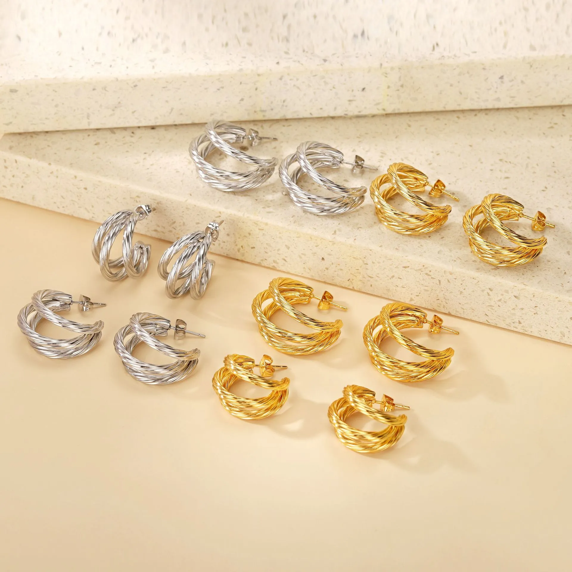 Minimalist Triple Layer C Shaped Stainless Steel Hoop Earrings For Women Geometric High Polished Gold Silver Fashion Jewelry