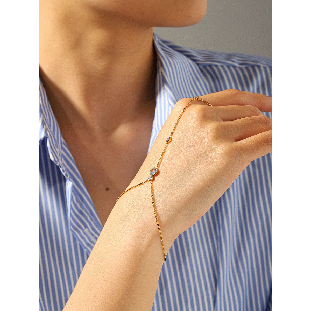 Stainless Steel Zirconia Hand Chain Gold Plated Finger Ring Hand Harness Bracelet For Women Elegant Jewelry Gift