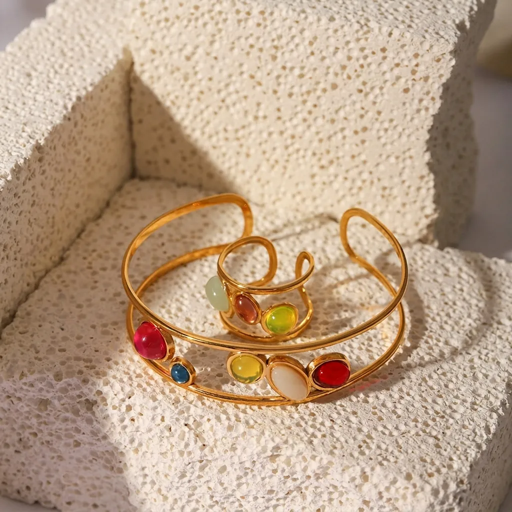 Ensemble Bracelet Ouvert Et Bague Vintage Acier Inoxydable Plaqué Or 18K Incrusté Oeil Tigre Pierre Gemme Pour Femmes
