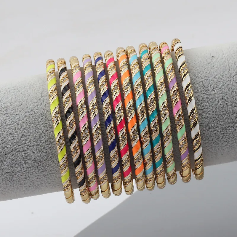 Bohemian Copper Gold Plated Enamel Rhinestone Open Bangle Bracelet For Women Twisted Spiral Rainbow Cuff Jewelry Gift