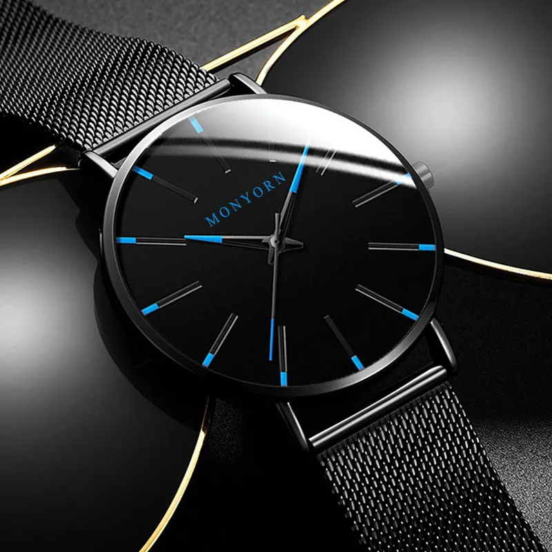 Men Fashion Quartz Watch Metal Mesh Band Leather Strap Minimalist Business Analog Wristwatch
