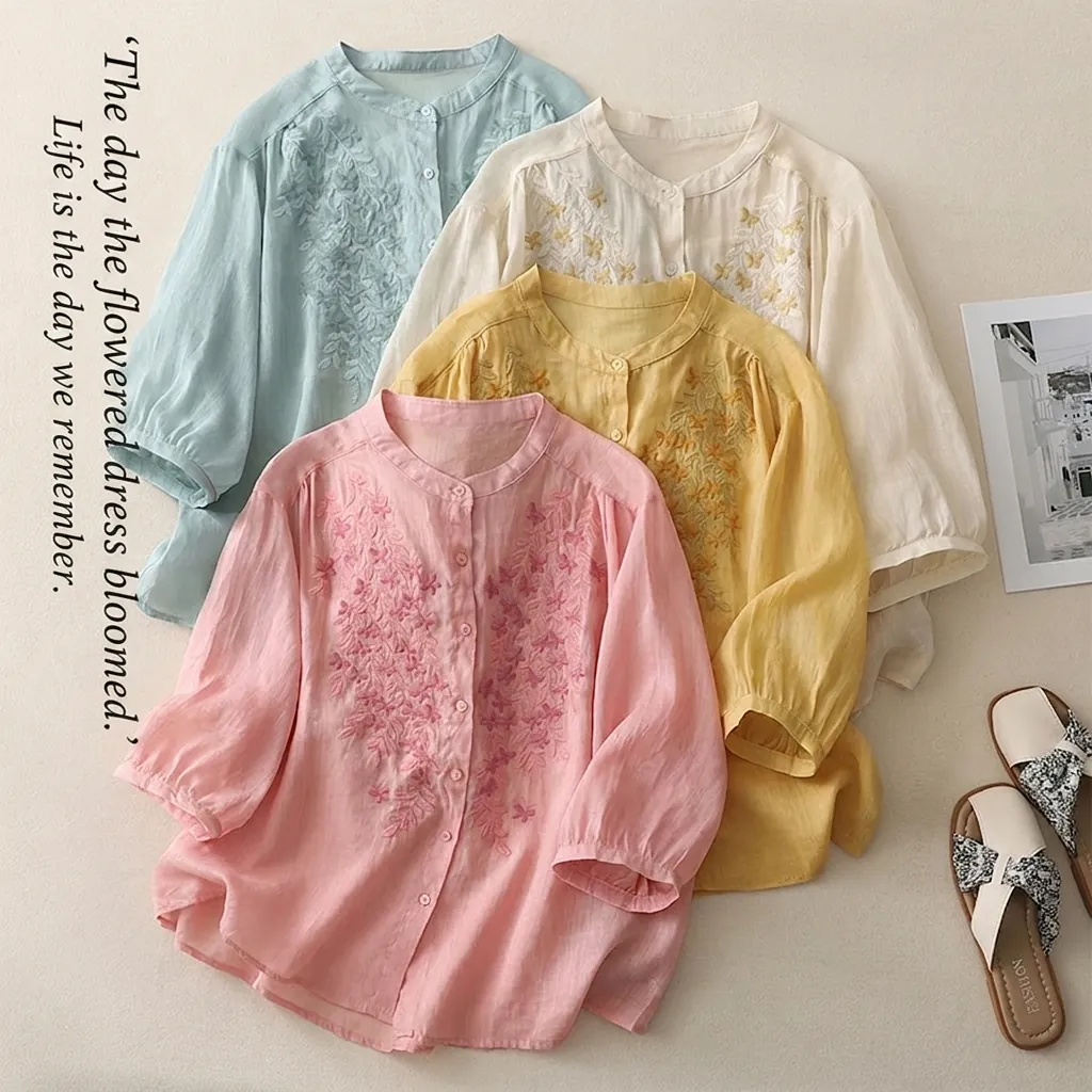 Women's Ethnic Embroidery Cotton Linen Blouse Vintage Floral Single Breasted Top 3/4 Sleeve Loose Casual Shirt Summer