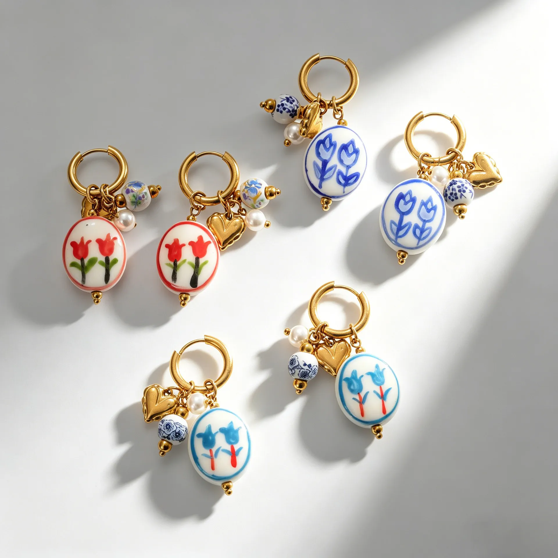 Vintage Keramik Tulpen Creolen Mit Edelstahl Goldenem Herz Und Künstliche Perlenanhänger Französischer Stil Damen Schmuck