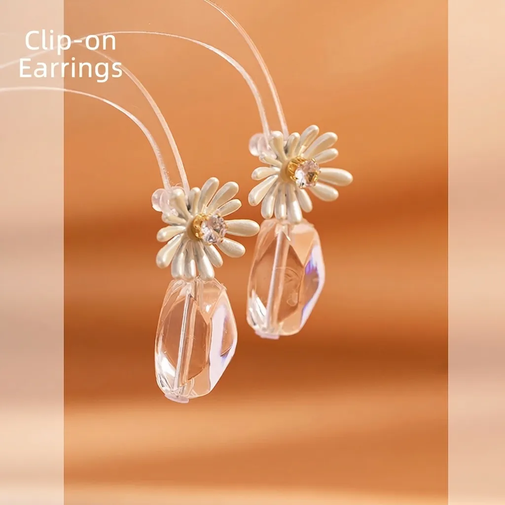 Sweet Daisy Enamel Flower Dangle Earrings With Transparent Crystal Geometric Pendant Earring Post Clip On Women Jewelry