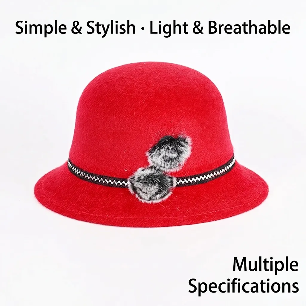 Chapeau Cloche Vintage en Fausse Fourrure de Vison pour Femme Pompon Hiver Chaud Coton Polyester Feutre Bob Élégant Chapeau Melon pour Femme Mère