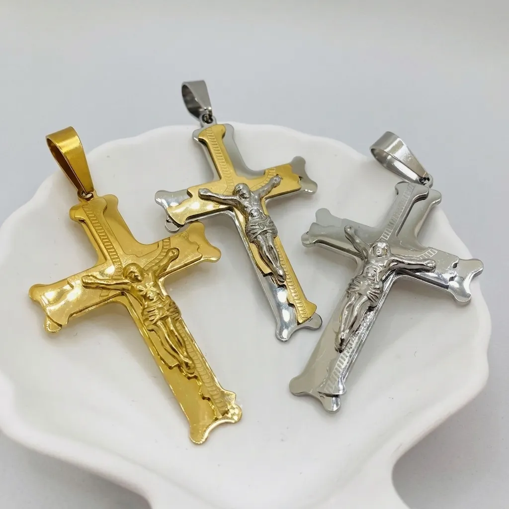 Men Stainless Steel Cross Crucifix Pendant Necklace Religious Two-tone Gold Silver Plated Byzantine Chain Fashion Jewelry Gift