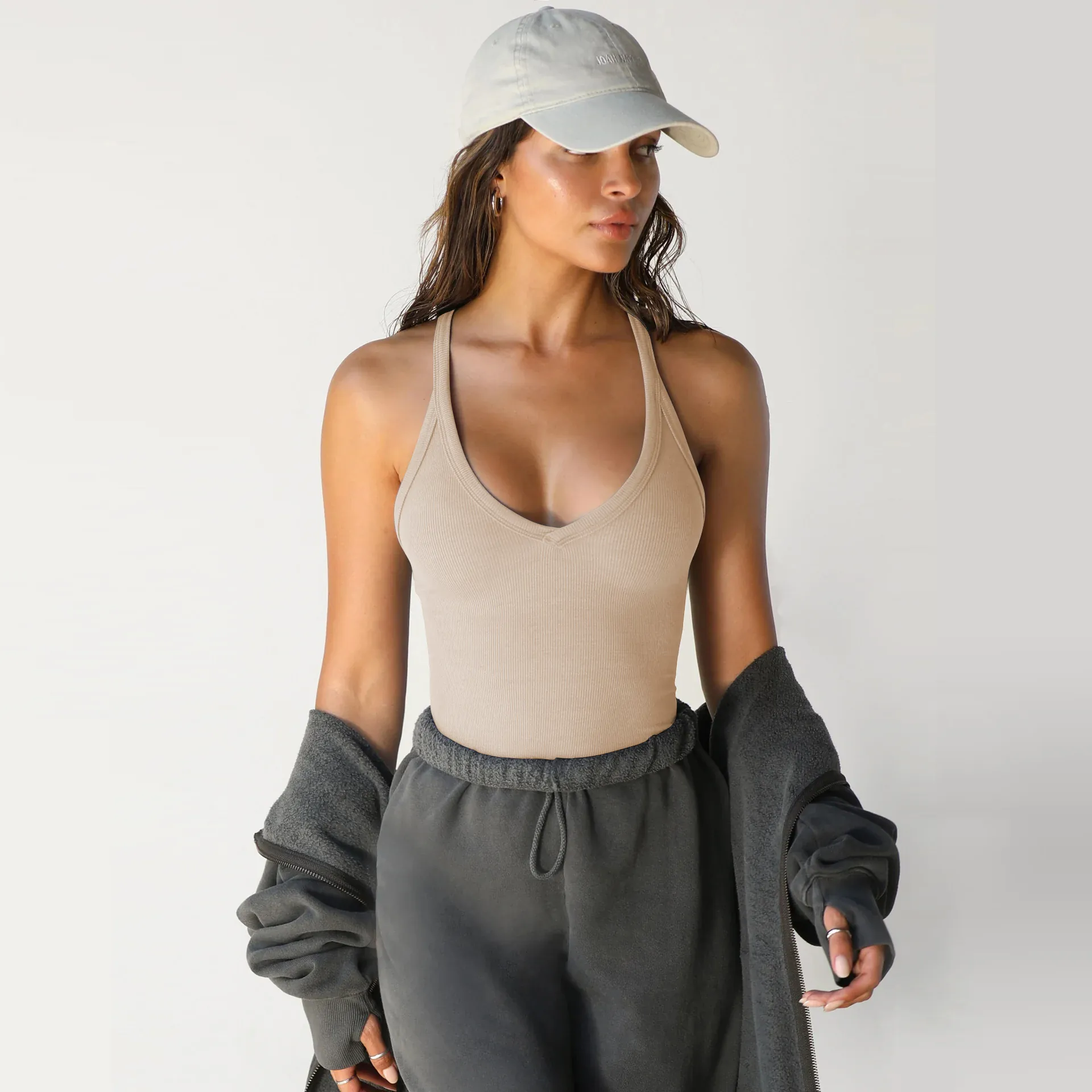 Women's Sexy V-Neck Ribbed Tank Top Slim Fit Knitted Sleeveless Basic Camisole Summer Streetwear Polyester Vest Top