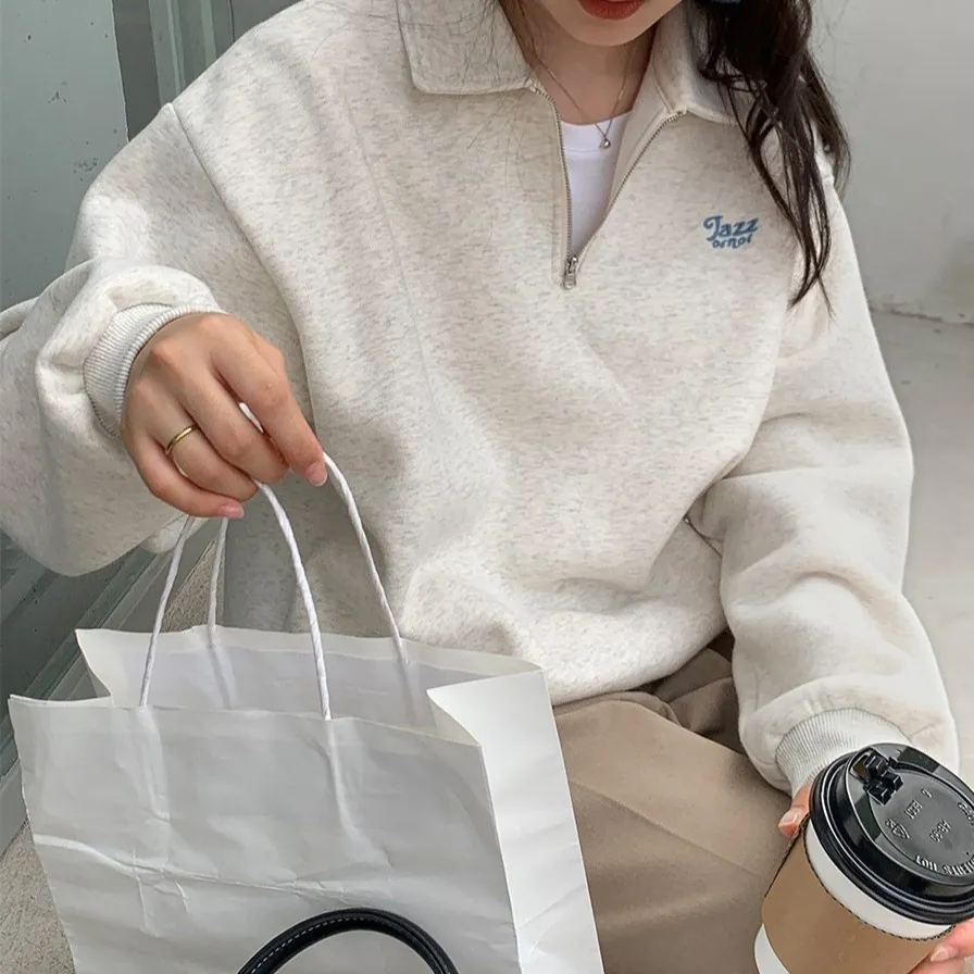 Women's Casual Half Zip Polo Neck Sweatshirt Fleece Lined Loose Long Sleeve Pullover With Embroidery Letter Fashion Winter Top