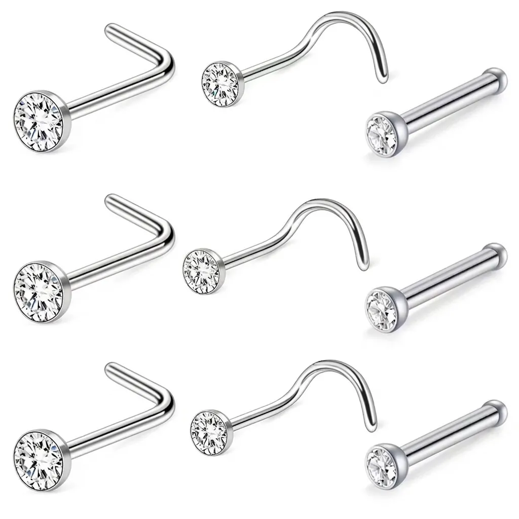 Stainless Steel Nose Studs With Round Clear Zircon Piercing Jewelry L-Shape Bone Screw Bar Elegant Accessory For Women