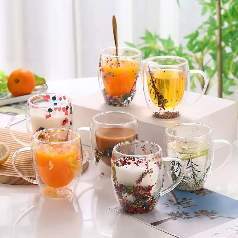 Insulated Dual Layer Borosilicate Glass Mug With Dried Flowers Heat Resistant Coffee Cup Milk Juice Glass With Handle