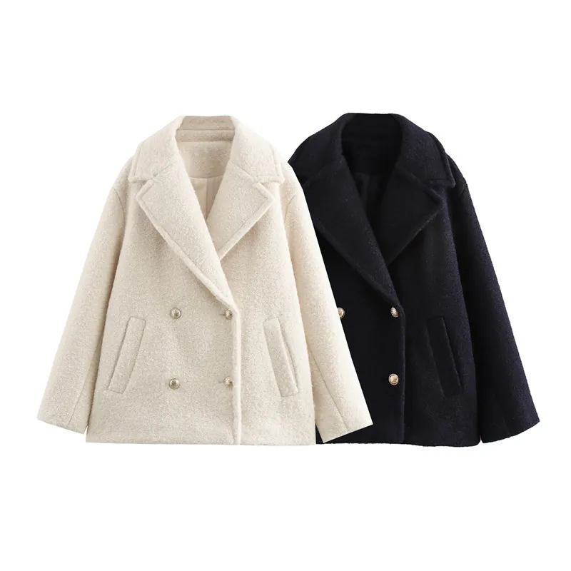 Women Elegant Double Breasted Peau De Soie Overcoat Lapel Long Sleeve Polyester Jacket With Gold Buttons Pocket